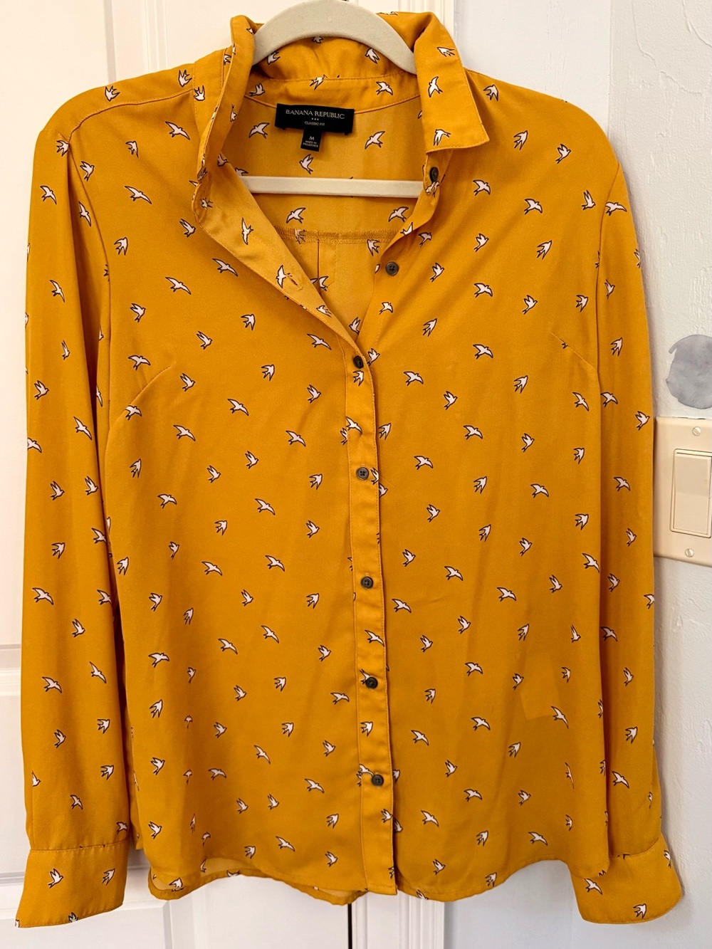 Banana Republic Mustard Yellow Bird-Print Button-Up Blouse